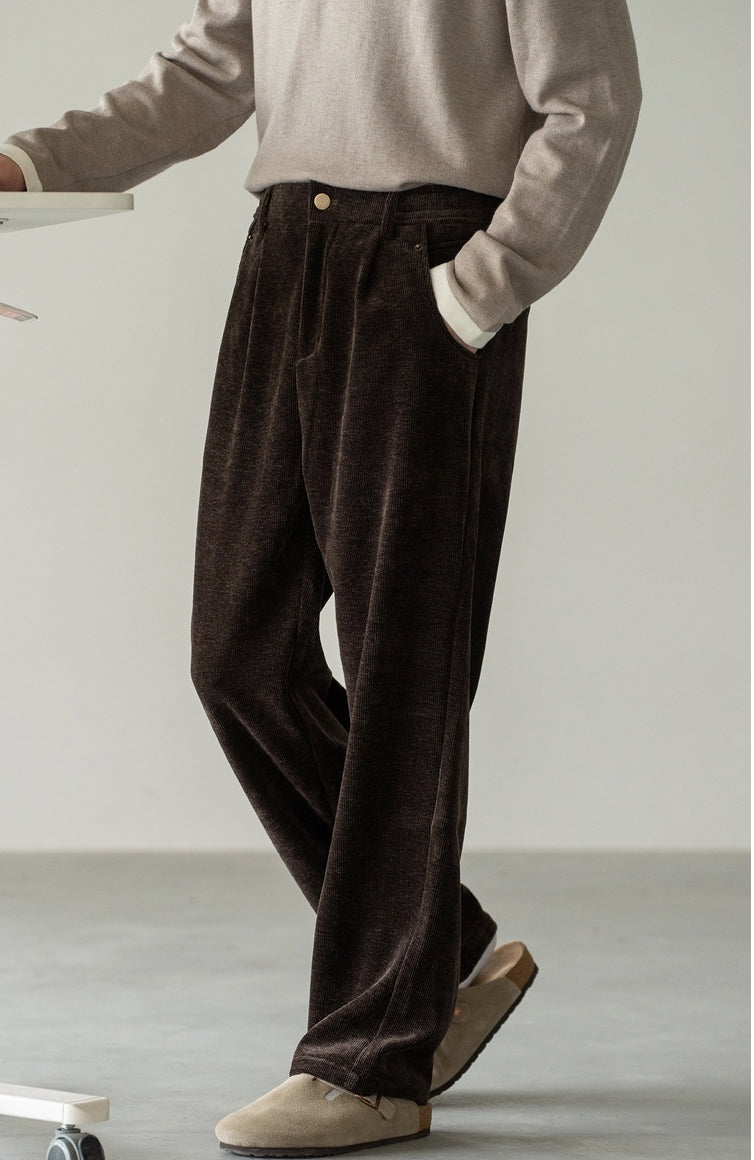 Retro Corduroy Drawstring Wide Leg Casual Pants in Coffee Brown