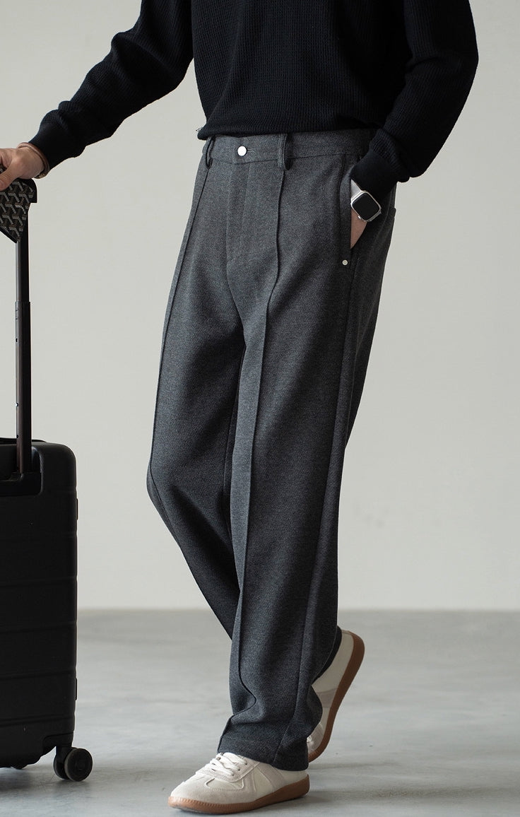 Pleated Woollen Pin Tuck Casual Trousers in Dark Grey