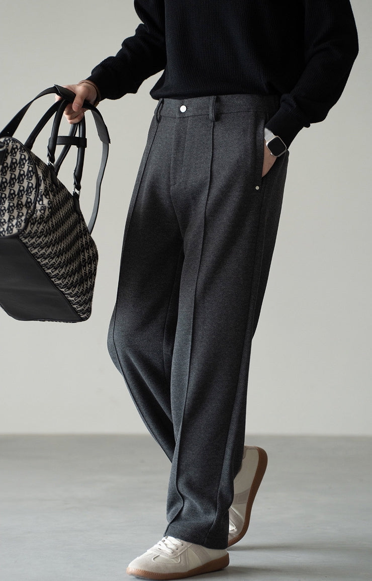 Pleated Woollen Pin Tuck Casual Trousers in Dark Grey