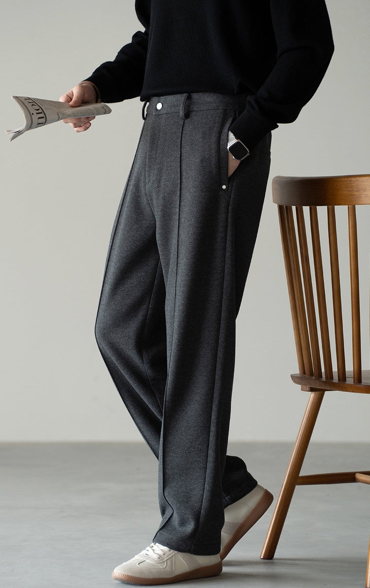 Pleated Woollen Pin Tuck Casual Trousers in Dark Grey