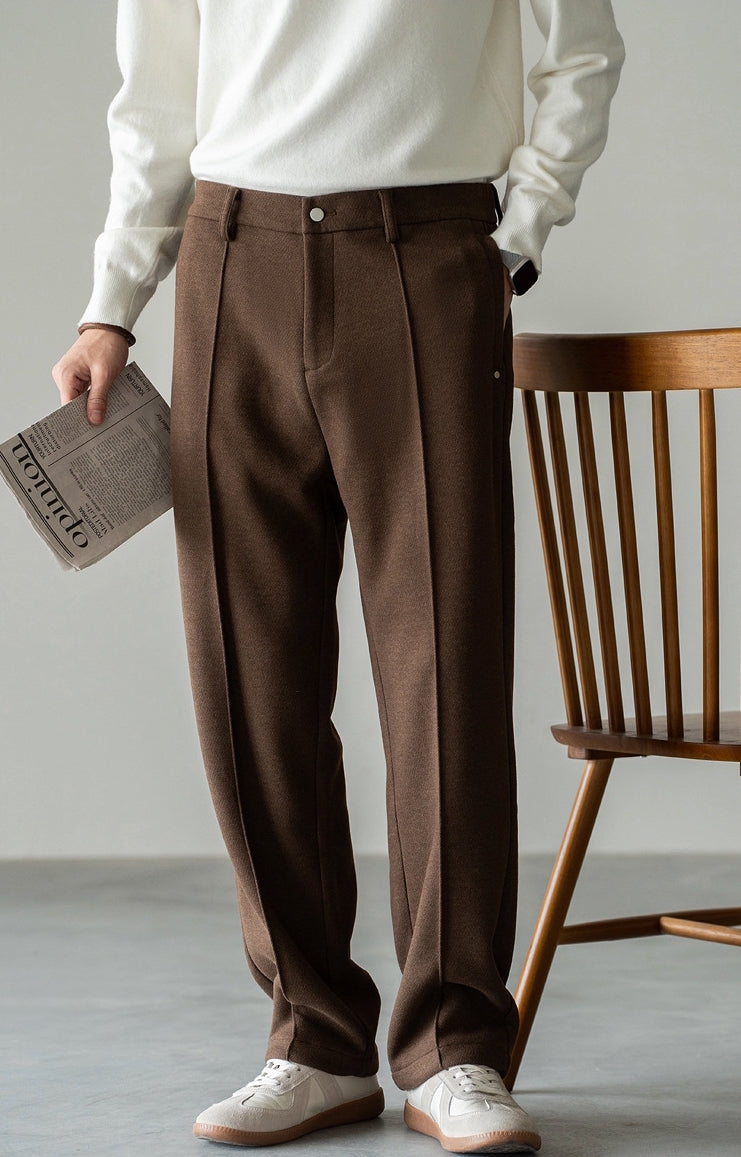 Pleated Woollen Pin Tuck Casual Trousers in Coffee Brown