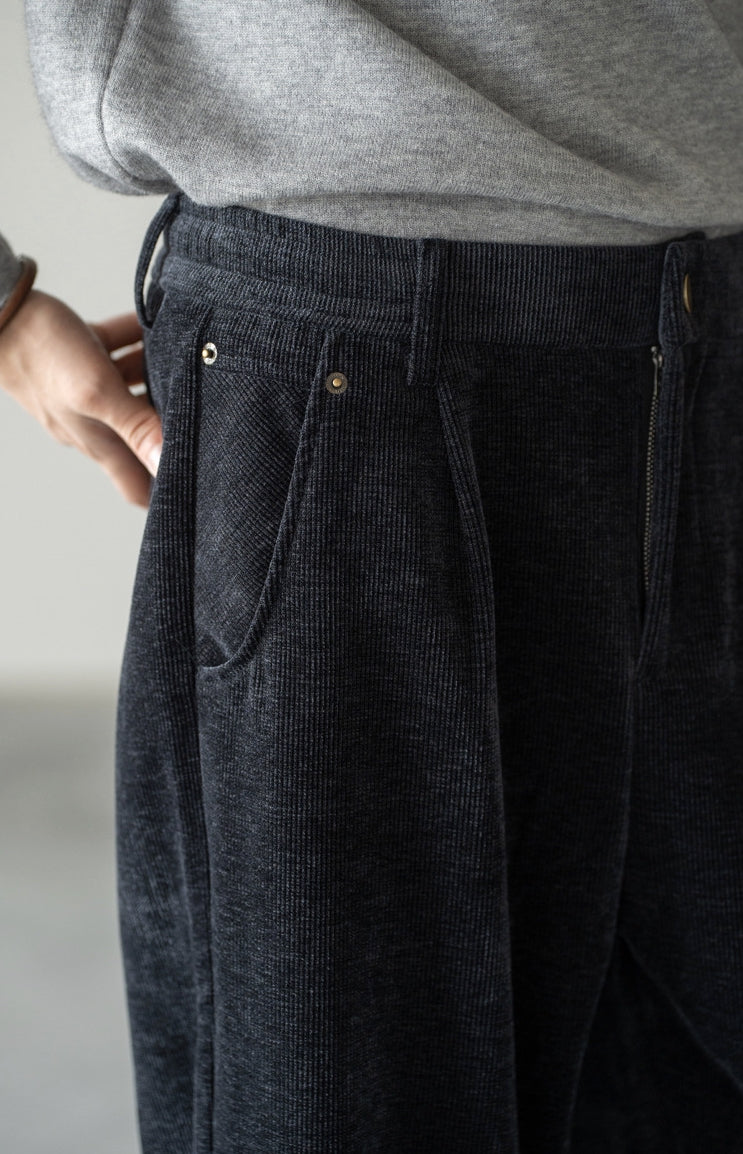 Retro Corduroy Drawstring Wide Leg Casual Pants in Black