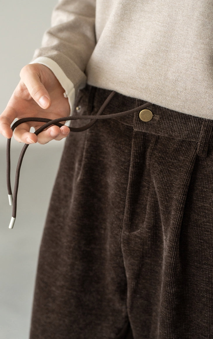 Retro Corduroy Drawstring Wide Leg Casual Pants in Coffee Brown