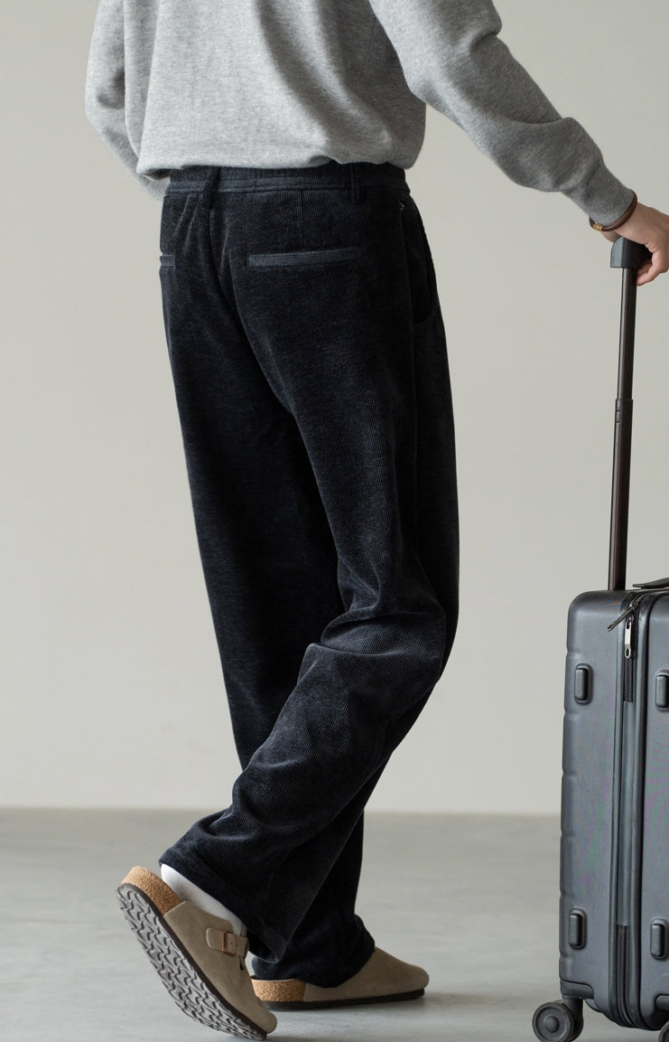 Retro Corduroy Drawstring Wide Leg Casual Pants in Black