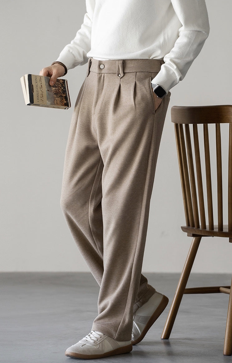 Wool Blend Double Pleated Casual Pants in Khaki