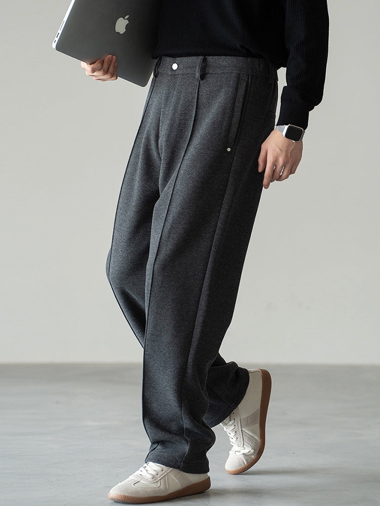 Pleated Woollen Pin Tuck Casual Trousers in Dark Grey