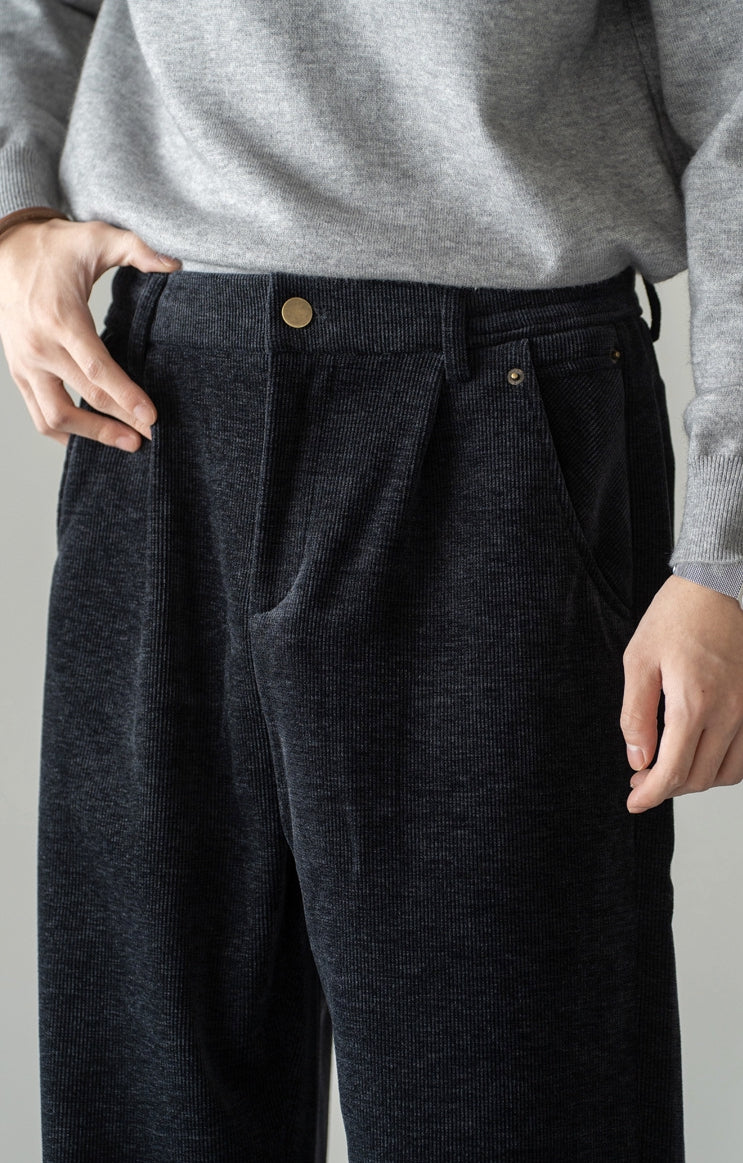 Retro Corduroy Drawstring Wide Leg Casual Pants in Black