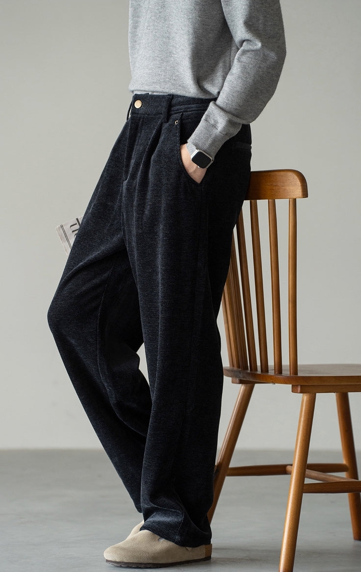 Retro Corduroy Drawstring Wide Leg Casual Pants in Black
