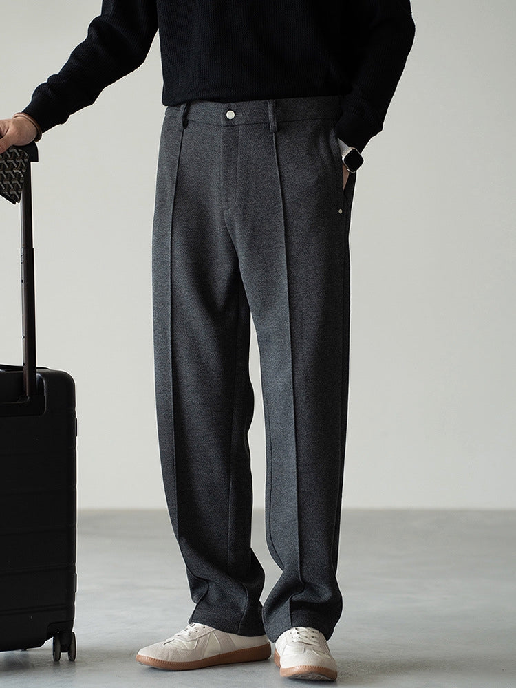 Pleated Woollen Pin Tuck Casual Trousers in Dark Grey