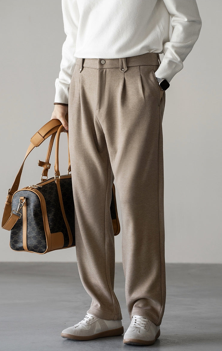 Wool Blend Double Pleated Casual Pants in Khaki