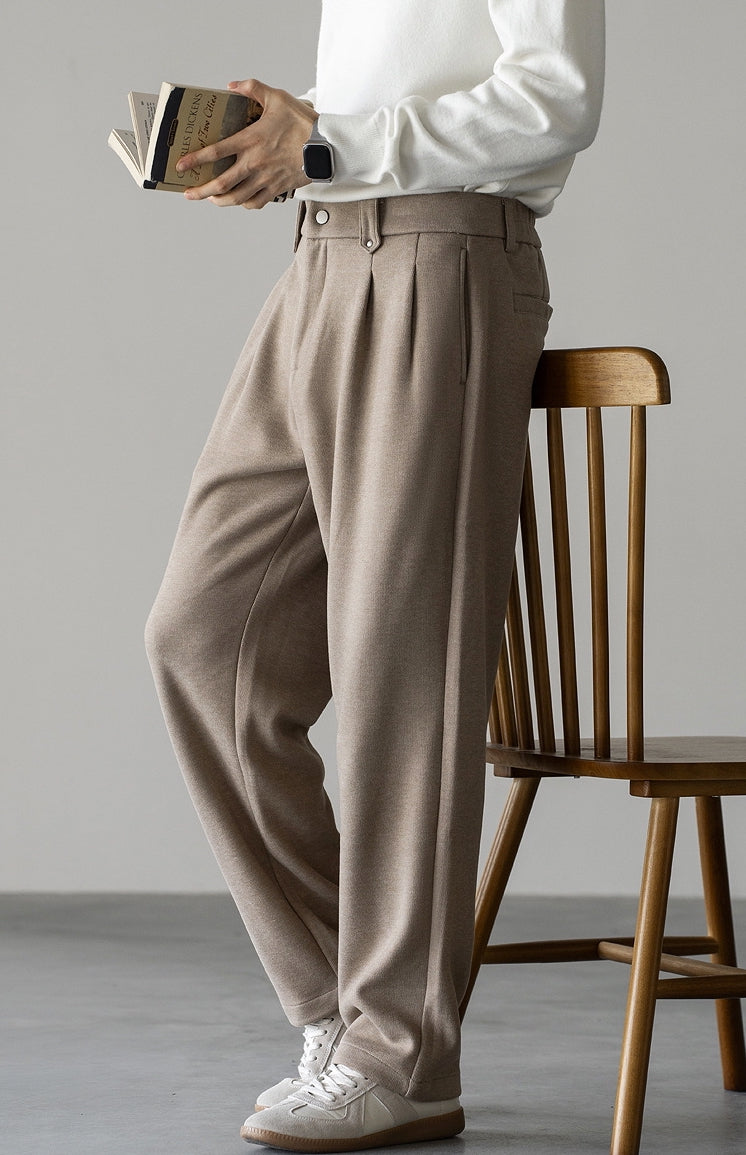 Wool Blend Double Pleated Casual Pants in Khaki