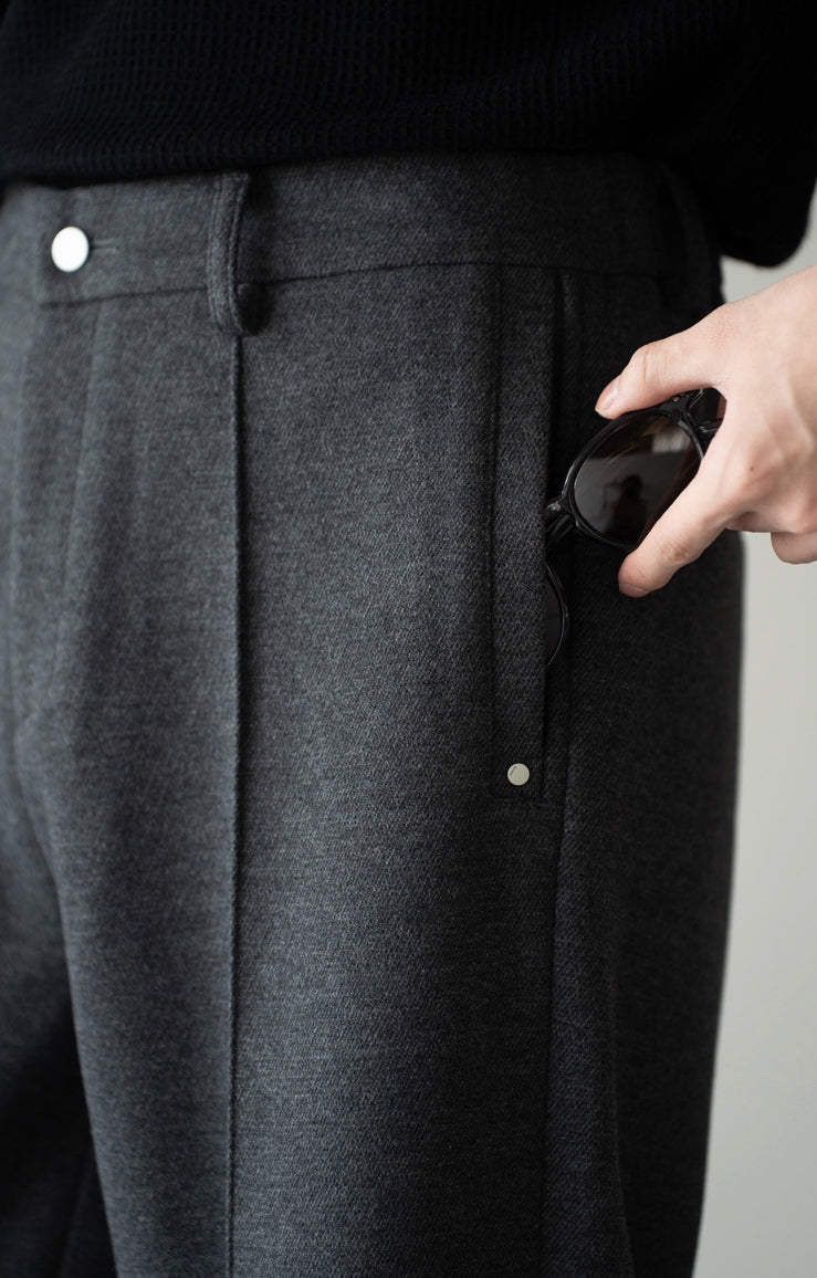 Pleated Woollen Pin Tuck Casual Trousers in Dark Grey
