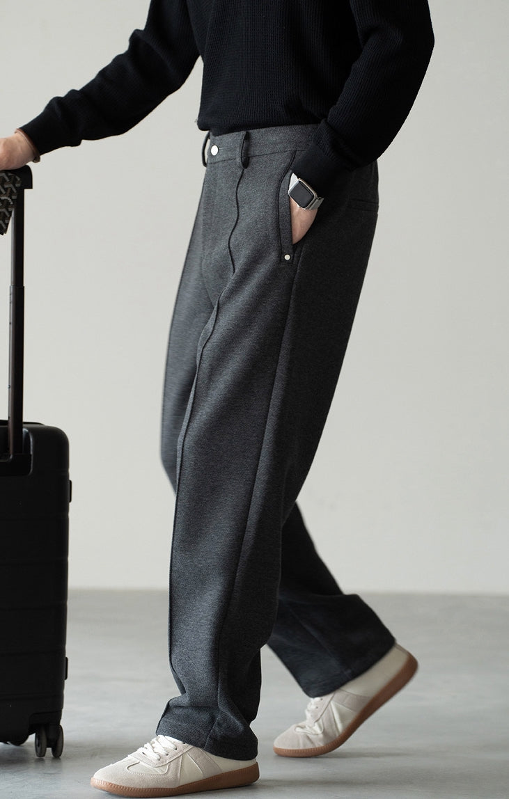 Pleated Woollen Pin Tuck Casual Trousers in Dark Grey