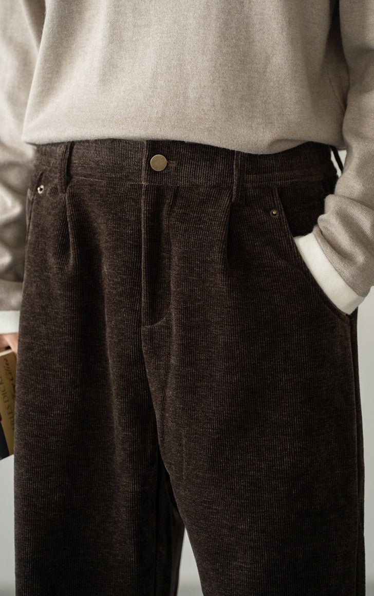 Retro Corduroy Drawstring Wide Leg Casual Pants in Coffee Brown