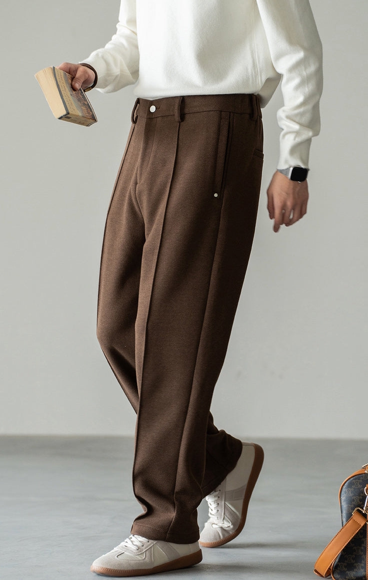 Pleated Woollen Pin Tuck Casual Trousers in Coffee Brown