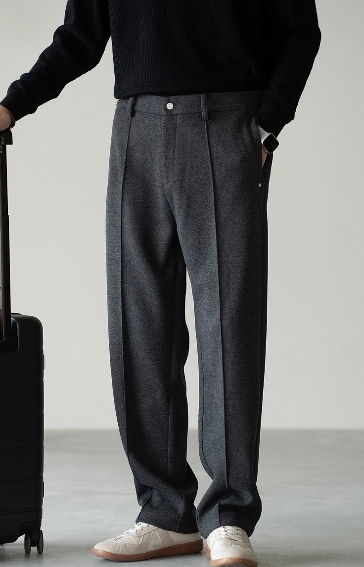 Pleated Woollen Pin Tuck Casual Trousers in Dark Grey