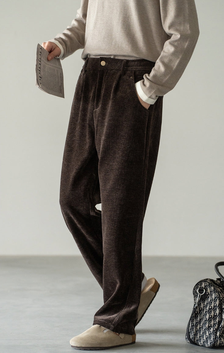 Retro Corduroy Drawstring Wide Leg Casual Pants in Coffee Brown