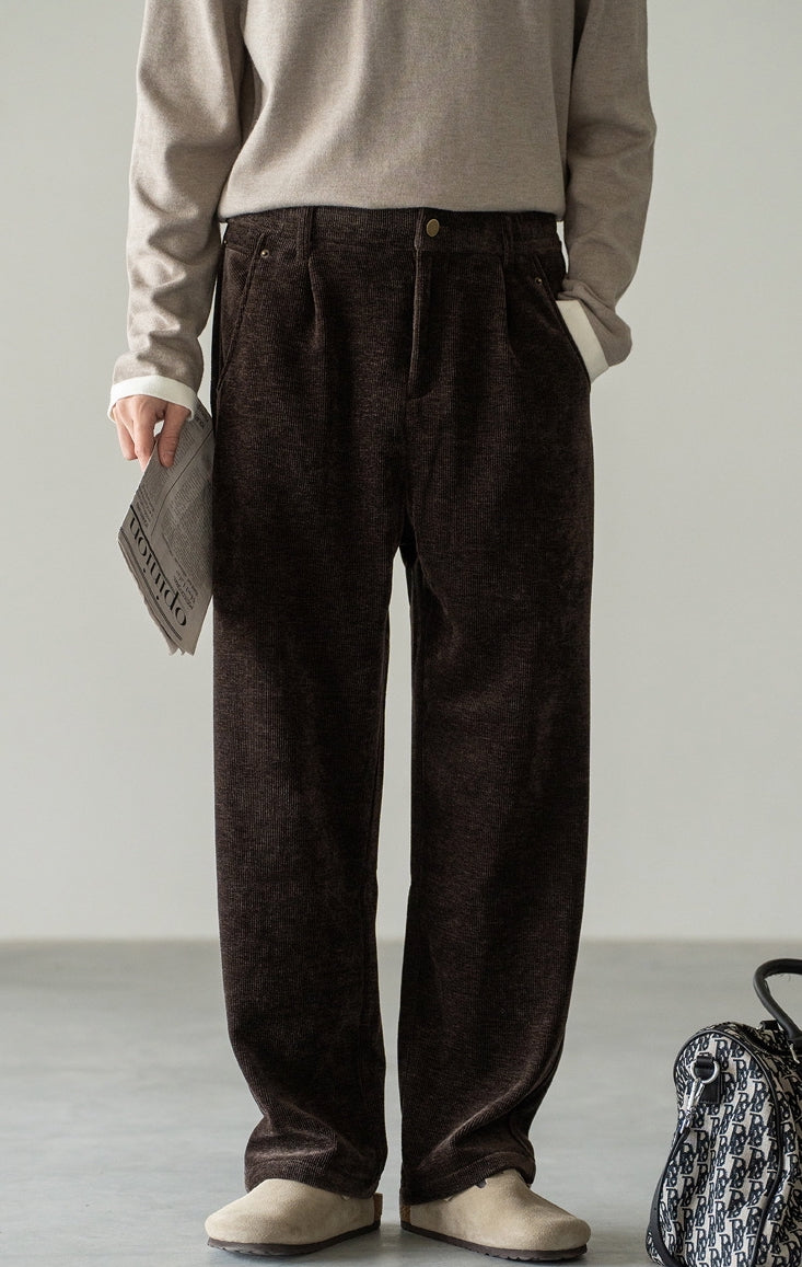 Retro Corduroy Drawstring Wide Leg Casual Pants in Coffee Brown