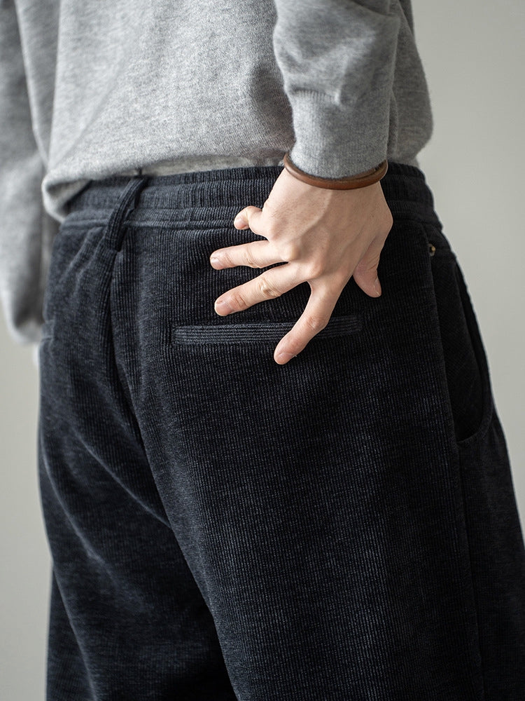 Retro Corduroy Drawstring Wide Leg Casual Pants in Black