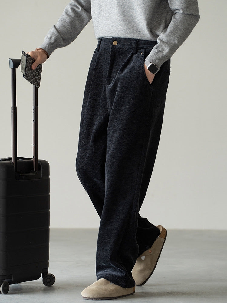 Retro Corduroy Drawstring Wide Leg Casual Pants in Black