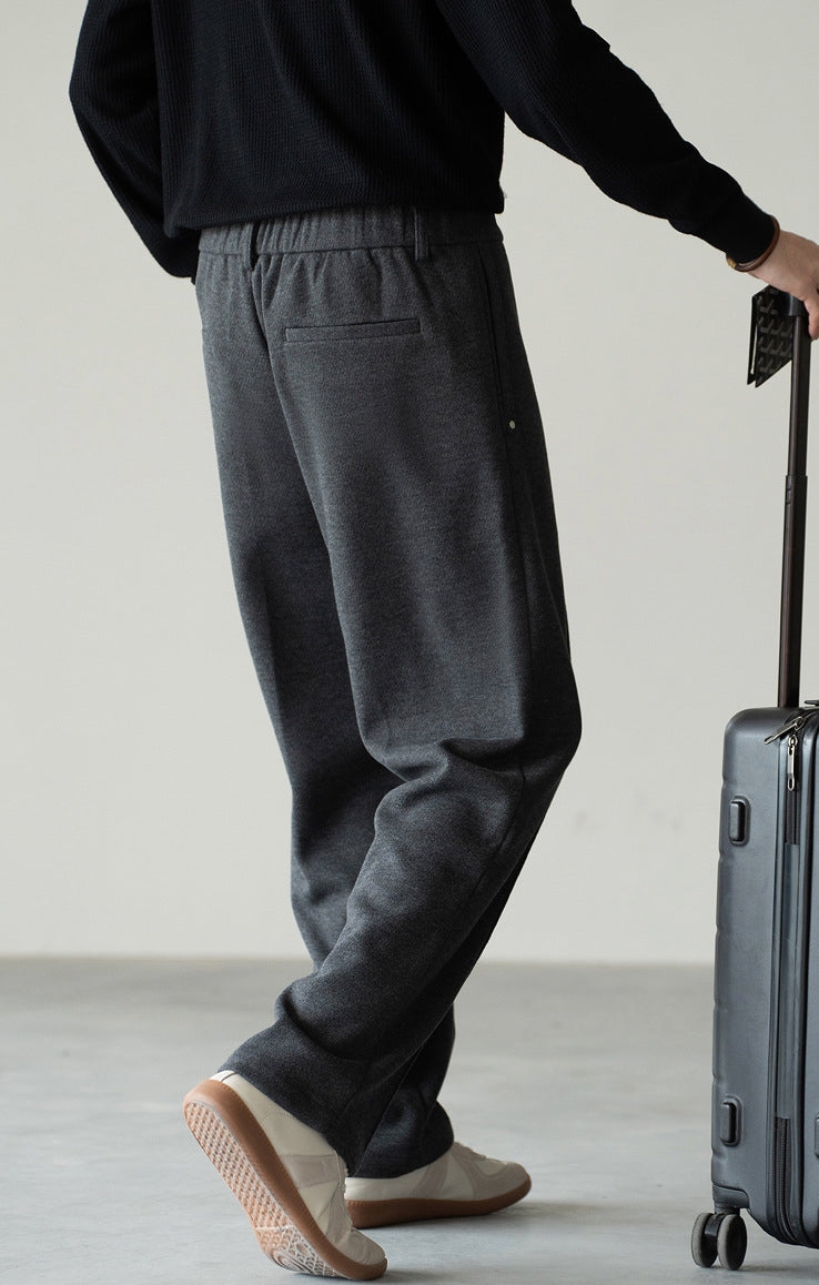 Pleated Woollen Pin Tuck Casual Trousers in Dark Grey