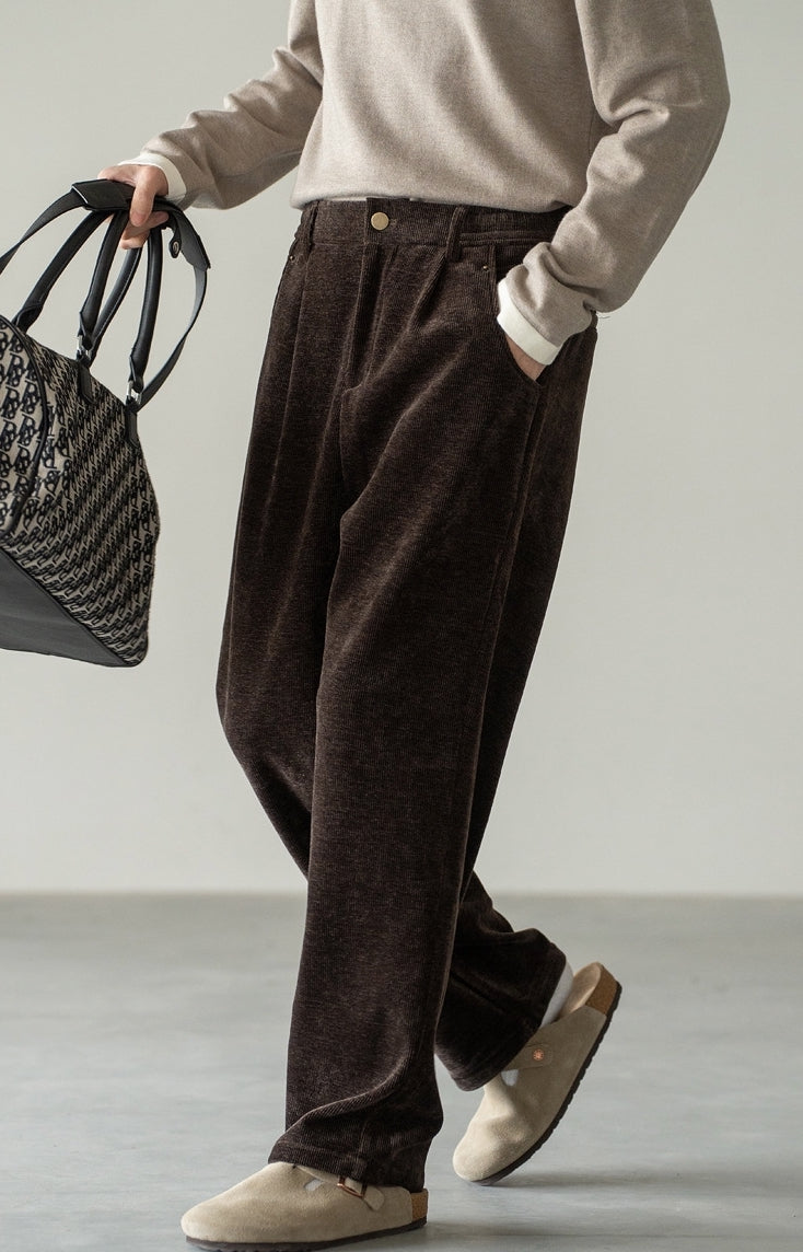 Retro Corduroy Drawstring Wide Leg Casual Pants in Coffee Brown