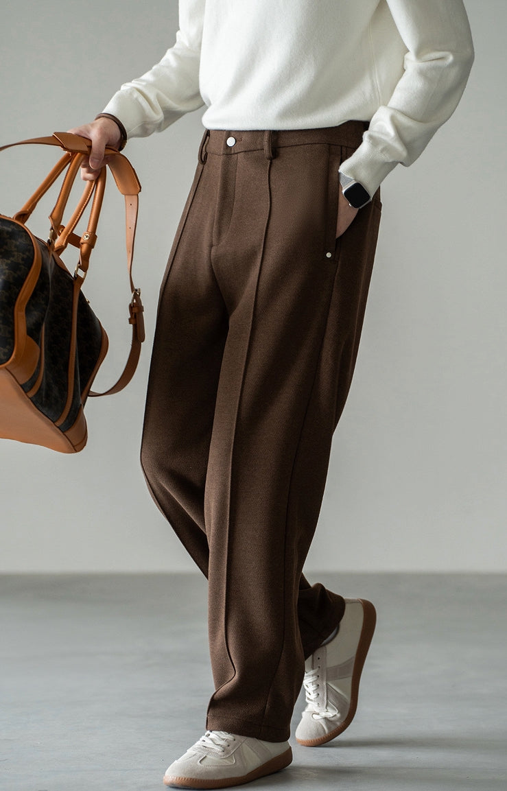 Pleated Woollen Pin Tuck Casual Trousers in Coffee Brown