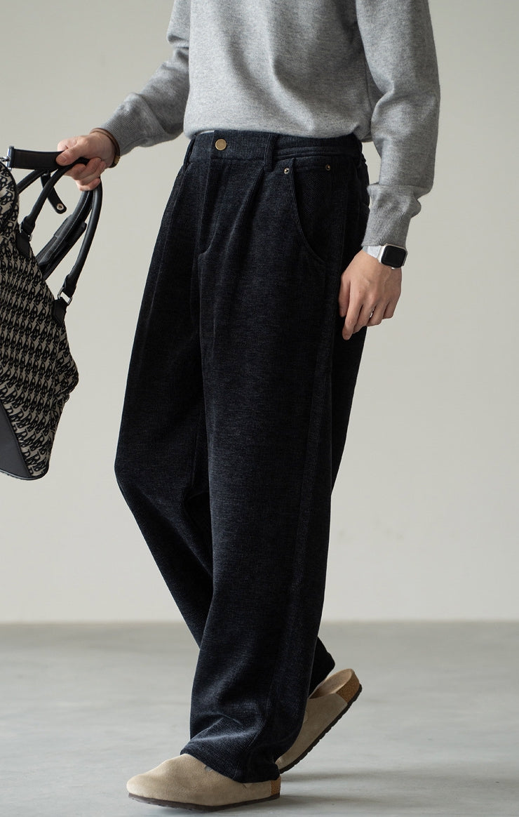 Retro Corduroy Drawstring Wide Leg Casual Pants in Black