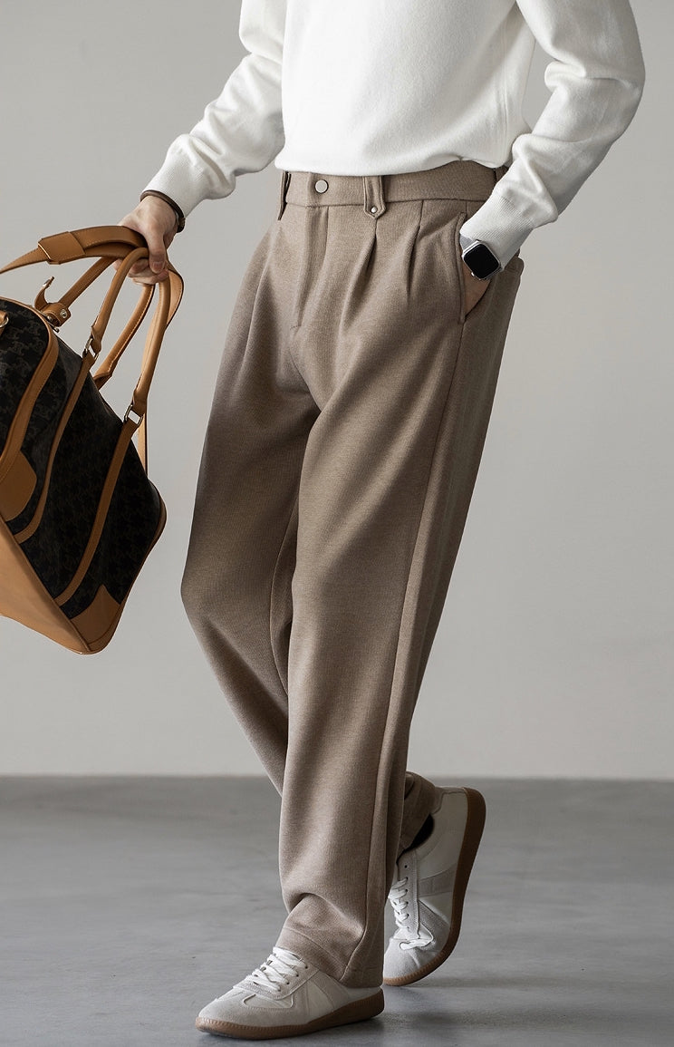 Wool Blend Double Pleated Casual Pants in Khaki