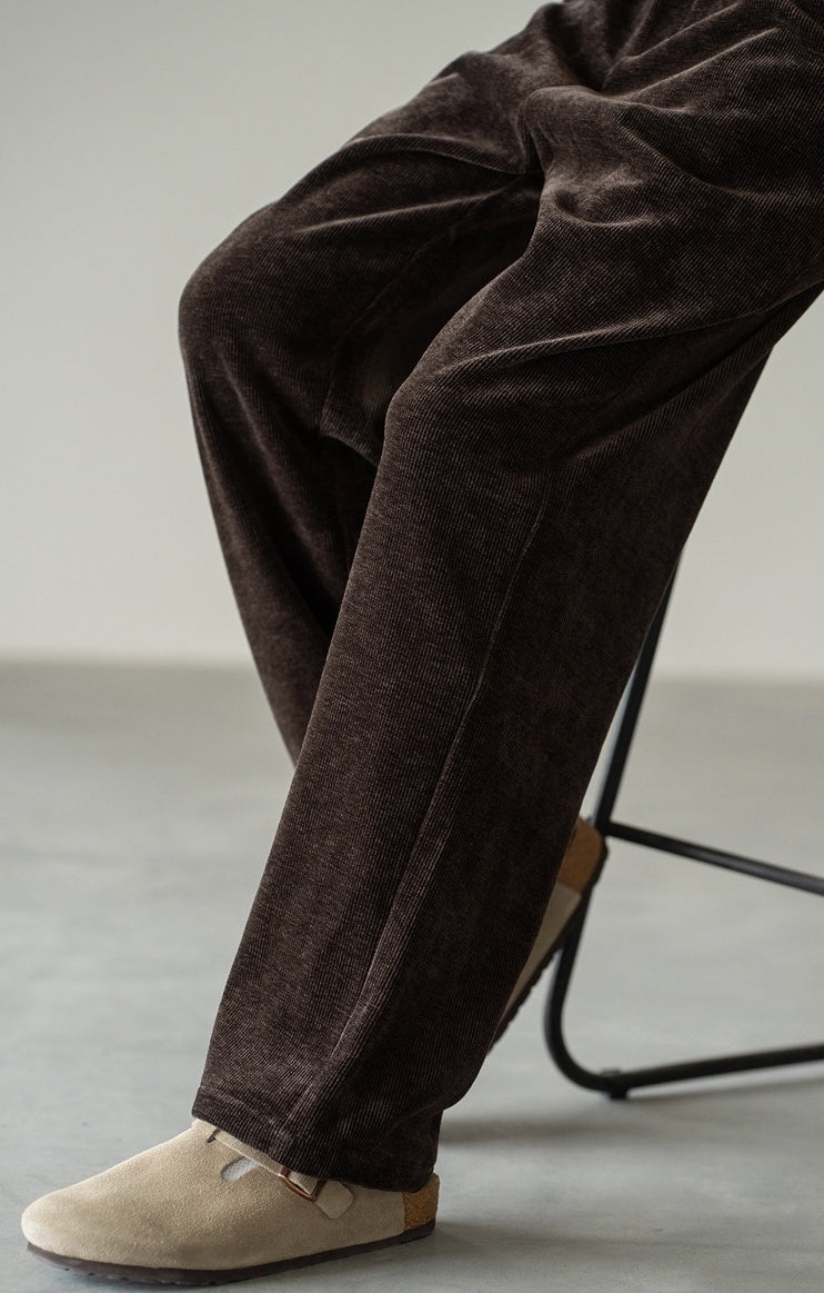 Retro Corduroy Drawstring Wide Leg Casual Pants in Coffee Brown