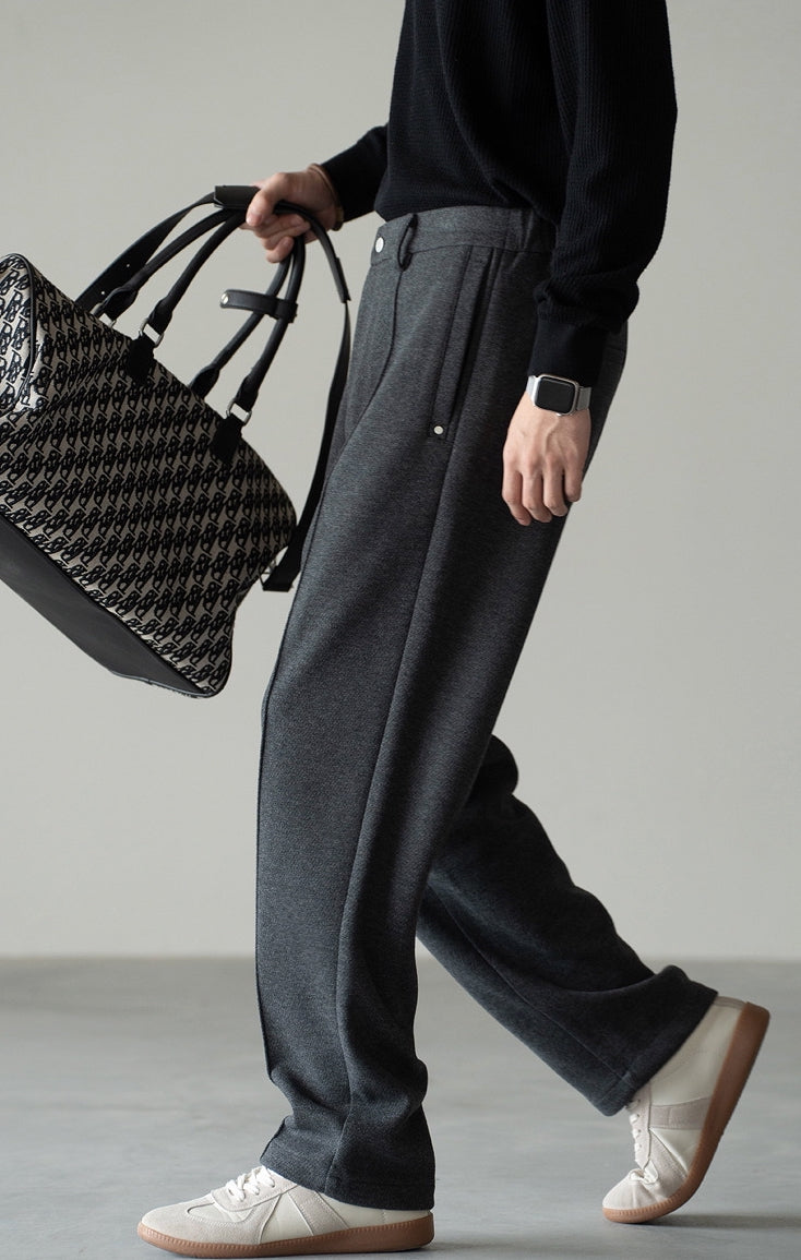 Pleated Woollen Pin Tuck Casual Trousers in Dark Grey