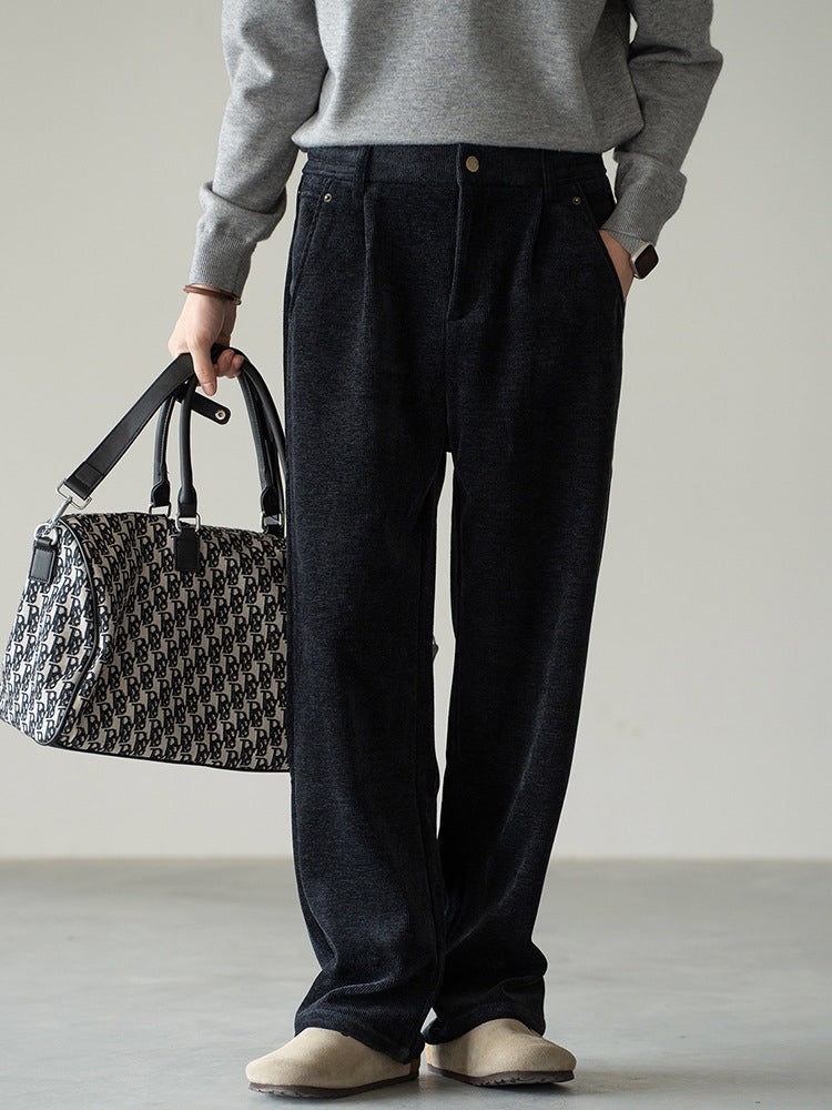 Retro Corduroy Drawstring Wide Leg Casual Pants in Black