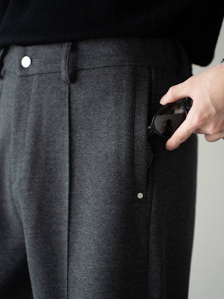 Pleated Woollen Pin Tuck Casual Trousers in Dark Grey