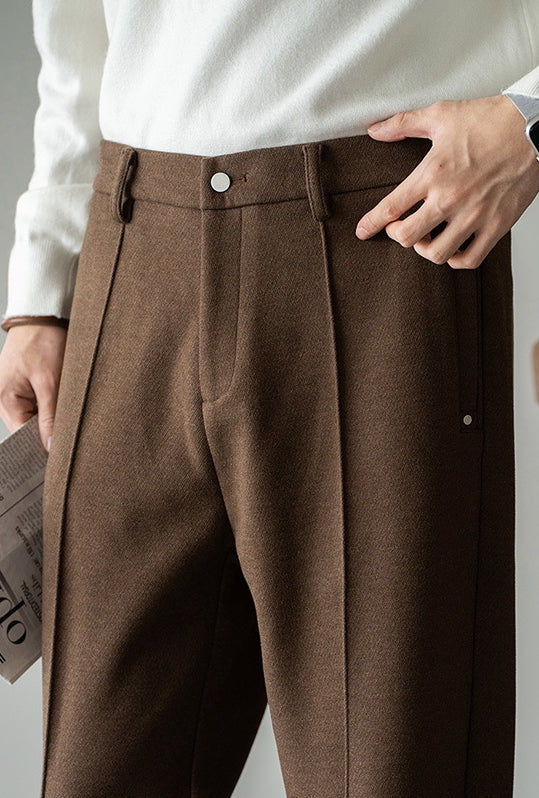 Pleated Woollen Pin Tuck Casual Trousers in Coffee Brown