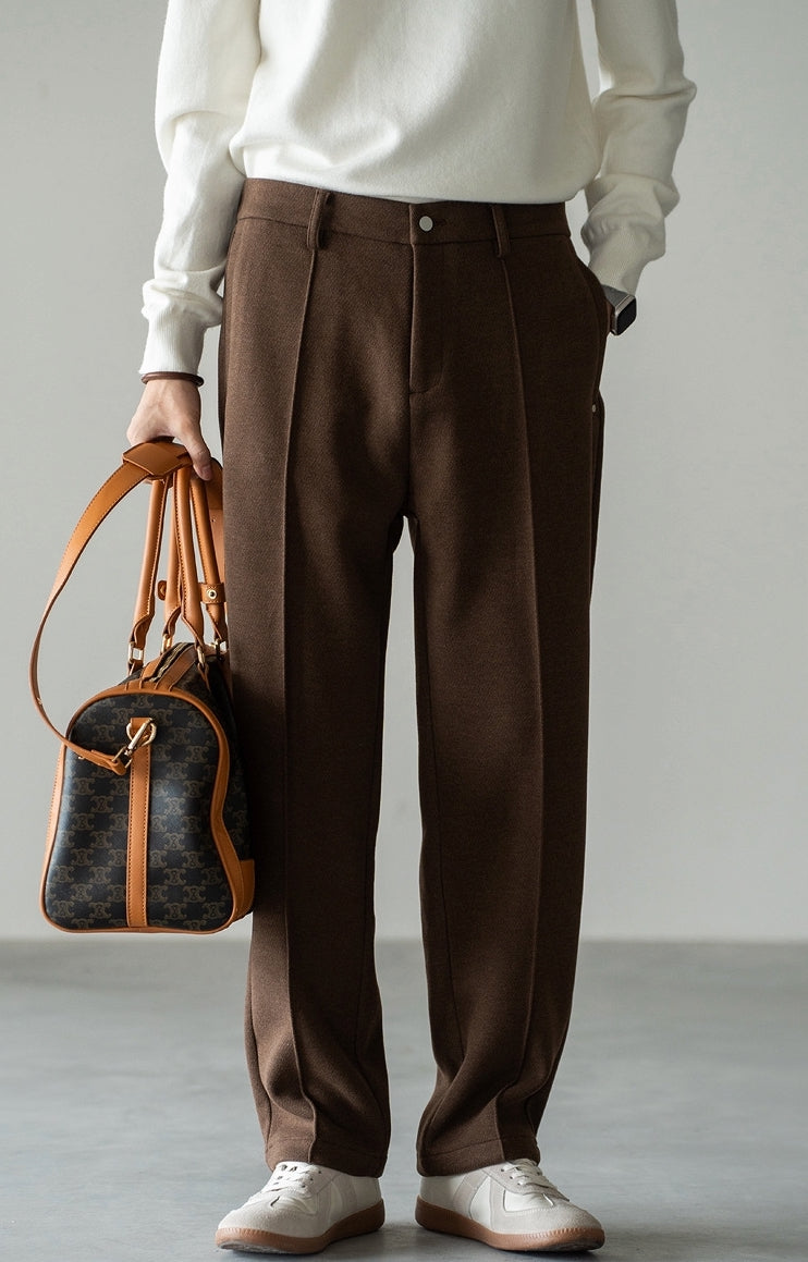 Pleated Woollen Pin Tuck Casual Trousers in Coffee Brown
