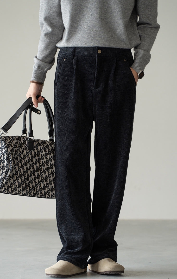 Retro Corduroy Drawstring Wide Leg Casual Pants in Black