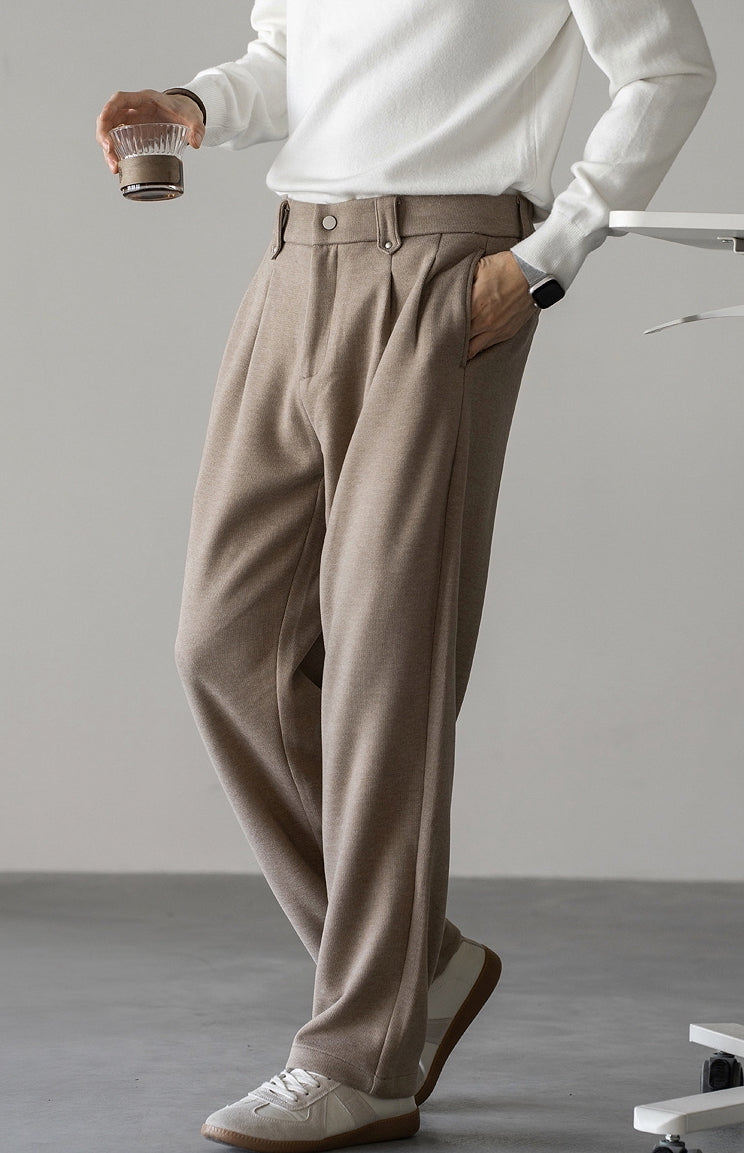 Wool Blend Double Pleated Casual Pants in Khaki