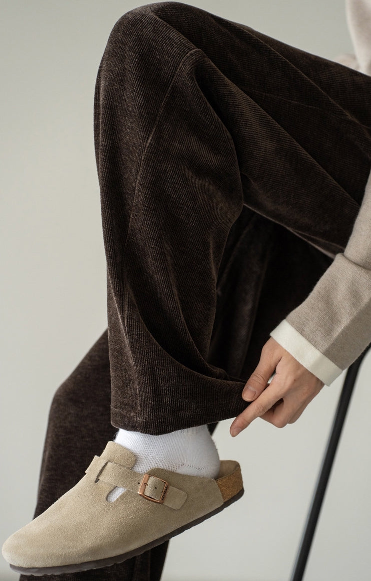 Retro Corduroy Drawstring Wide Leg Casual Pants in Coffee Brown
