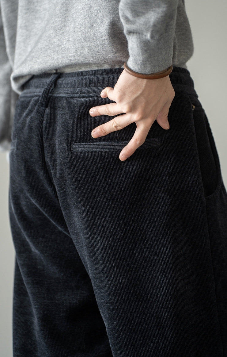 Retro Corduroy Drawstring Wide Leg Casual Pants in Black