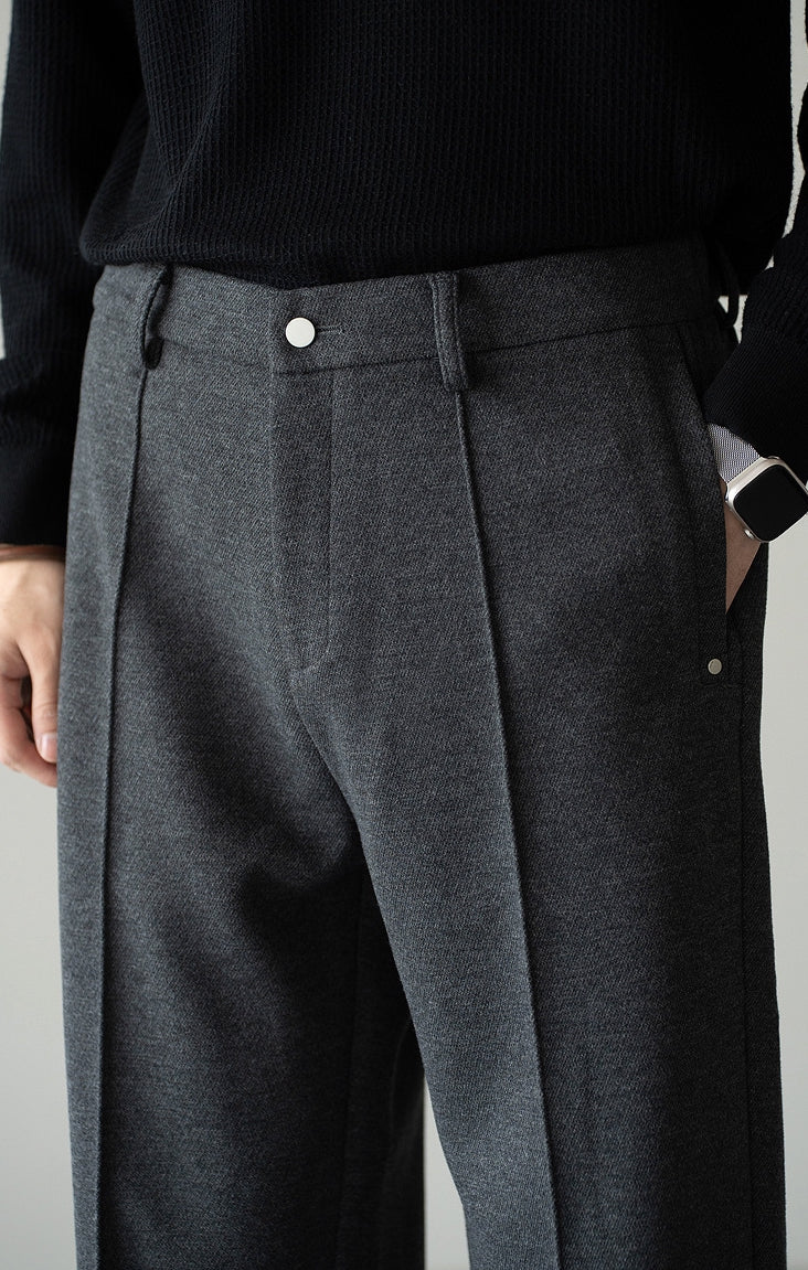 Pleated Woollen Pin Tuck Casual Trousers in Dark Grey
