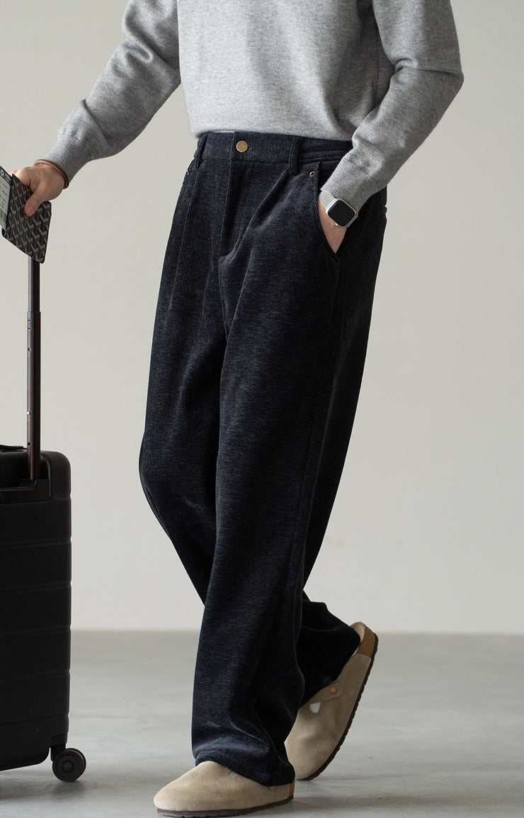 Retro Corduroy Drawstring Wide Leg Casual Pants in Black