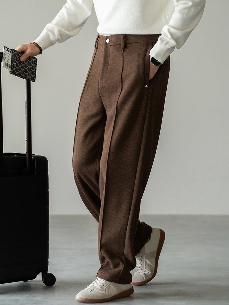 Pleated Woollen Pin Tuck Casual Trousers in Coffee Brown