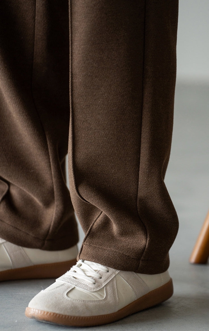 Pleated Woollen Pin Tuck Casual Trousers in Coffee Brown