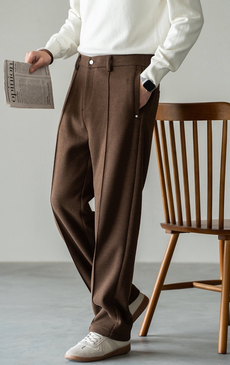 Pleated Woollen Pin Tuck Casual Trousers in Coffee Brown