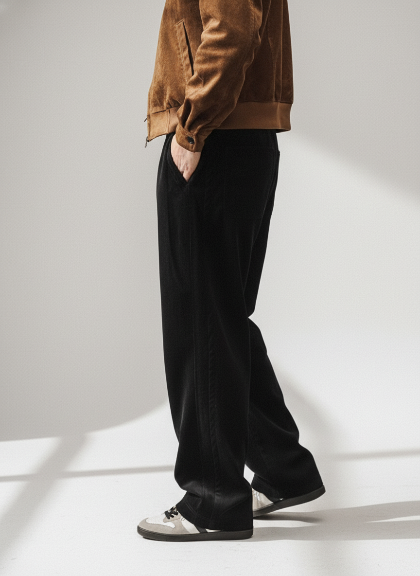 Chenille Straight Leg Trousers in Black