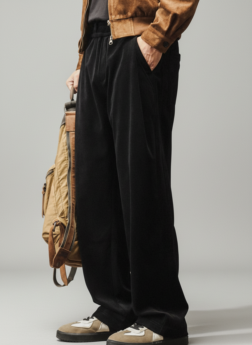 Chenille Straight Leg Trousers in Black
