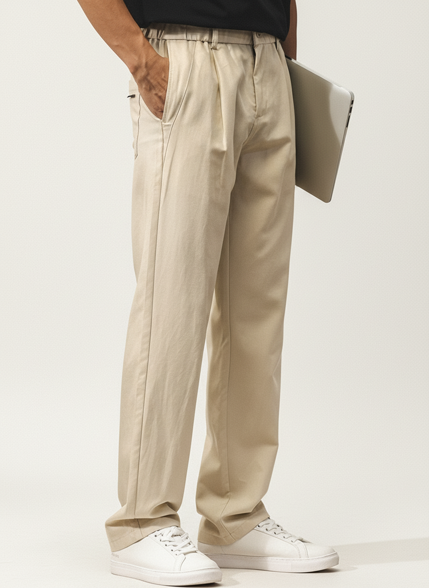 Lyocell Linen Pleated Casual Trousers in Beige