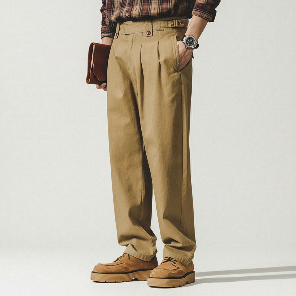 Herringbone Pattern Naples Casual Pants in Camel Yellow