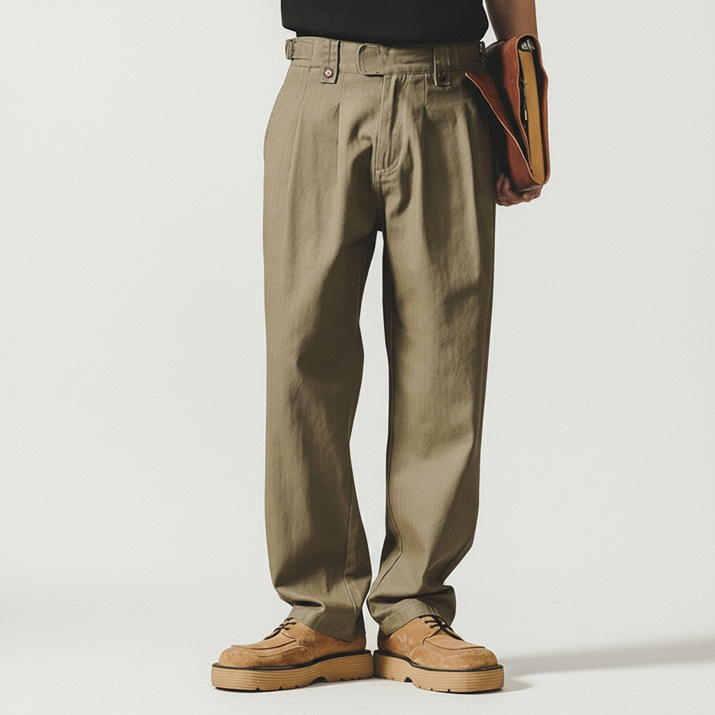 Herringbone Pattern Naples Casual Pants in Army Green