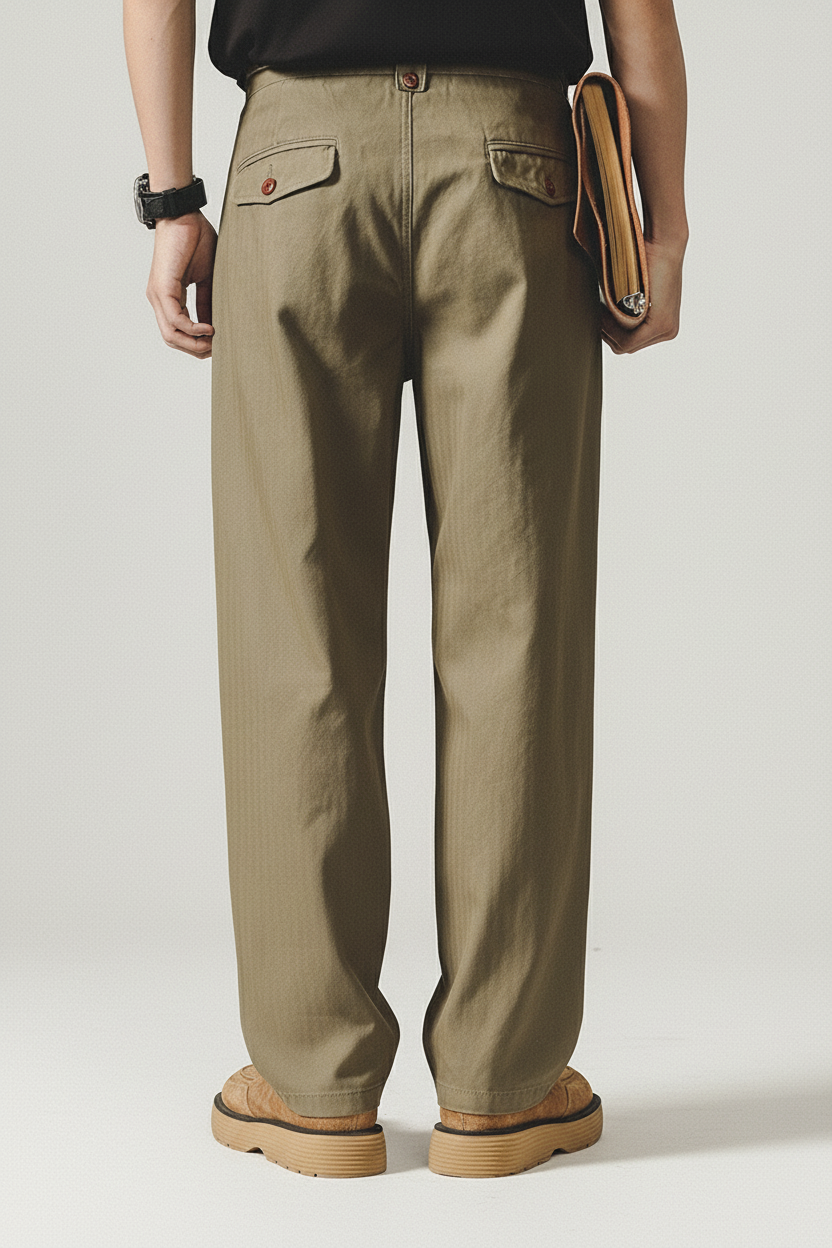 Herringbone Pattern Naples Casual Pants in Army Green